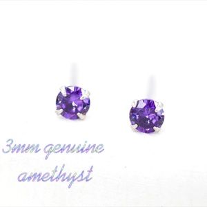 925 Sterling Silver 4 Prong Set 3mm Genuine Amethyst Gemstone Stud/Post Earrings